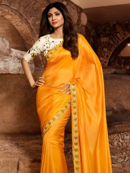 Shilpa Shetty Spicy Yellow Vichitra Silk Saree with Digital Print Blouse