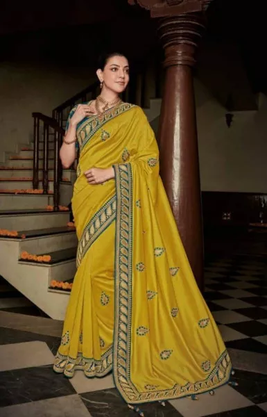 Kajal Agrawal Lemon Yellow Saree with Heavy Embroidery Work Blouse and Lace Patta