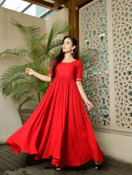 Red Rayon Designer Gown with Full Flair