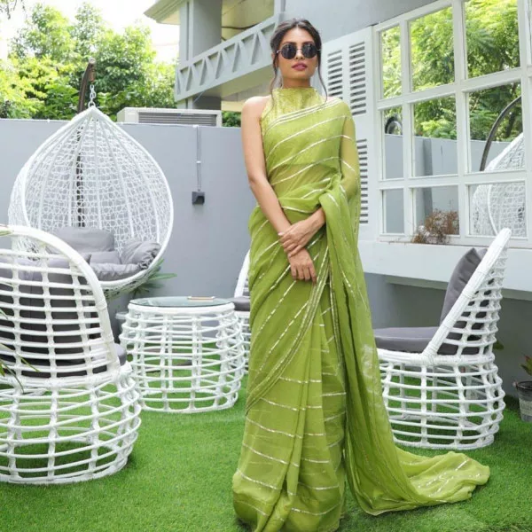 Green Vichitra Saree with Gota Patti Lace