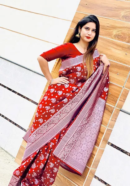 Red Banarasi Silk Butta Saree with Silver Zari Weaving