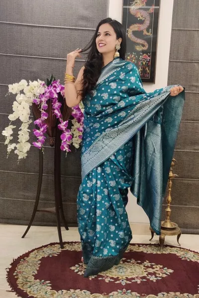 Firozi Banarasi Silk Butta Saree with Silver Zari Weaving