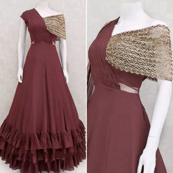 Maroon Georgette Gown with Sequence and Zari Embroidery