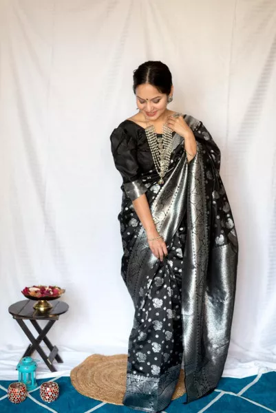 Black Banarasi Silk Butta Saree with Silver Zari Weaving