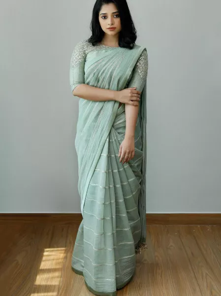 Bollywood Saree Mint Green Dola Silk Saree with Fancy Zari & Sequence