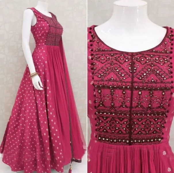 Traditional Gown in Rani Pink Italian Silk with Print Embroidery Work
