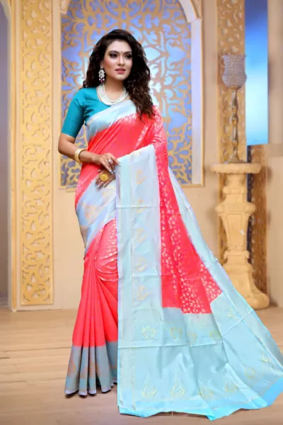 Kanchipuram Saree in Pink & Sky Blue for Women's by Kloth Trend