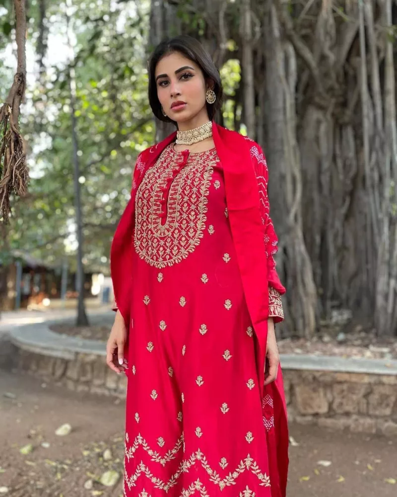 Mouni Roy Red Kurta Plazo Set in Georgette with Embroidery