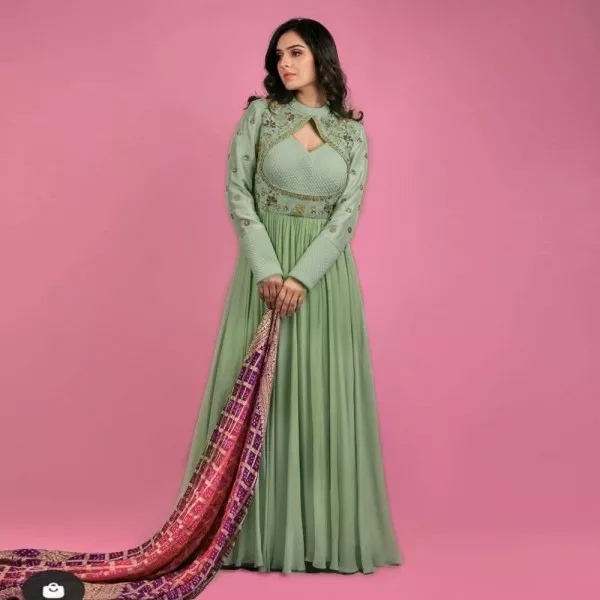 Designer Pista Magnum Anarkali Gown with Embroidery Work