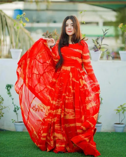 Orange Anarkali Gown in Georgette with Digital Print