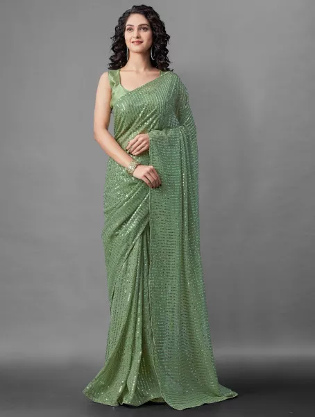 Sequins Saree for Party Wear with Georgette fabric in Pista Green Color