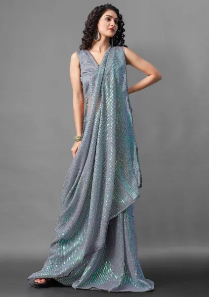 Sequins Saree for Party Wear with Georgette fabric in Grey Color