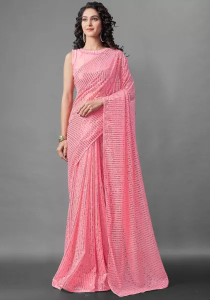 BABY PINK NATURAL SILK WITH ORGANZA SAMYUKTA SAREE WITH EMERALD GREEN –  SHIVANI BHARGAVA