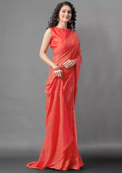 Sequins Saree for Party Wear with Georgette fabric in Orange Color