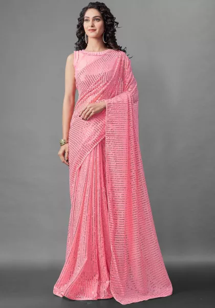 Sequins Saree for Party Wear with Georgette fabric in Baby Pink Color