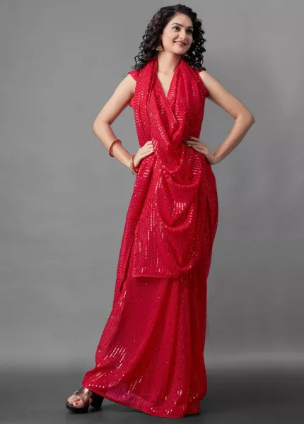 Sequins Saree for Party Wear with Georgette fabric in Red Color