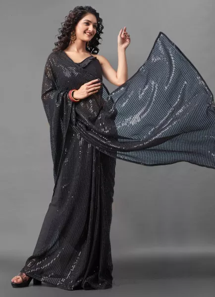 Sequins Saree for Party Wear with Georgette fabric in Black Color