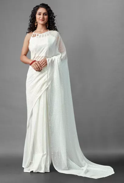 Sequins Saree for Party Wear in White Color with Georgette fabric