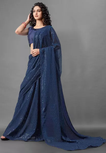 Sequins Saree for Party Wear with Georgette fabric in Blue Color