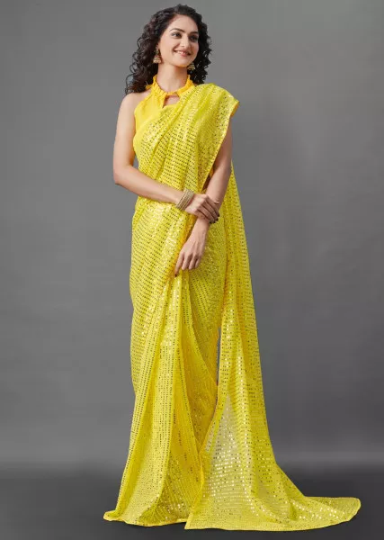 Sequins Saree for Party Wear with Georgette fabric in Yellow Color