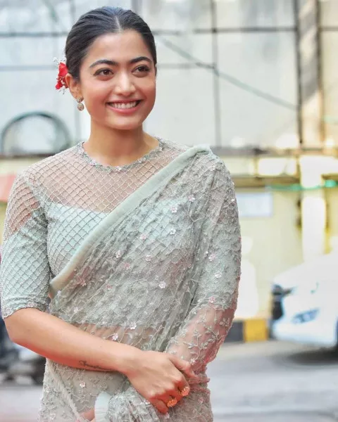 Rashmika Mandanna in Saree for Sulthan Trailer Launch in Pastel Green