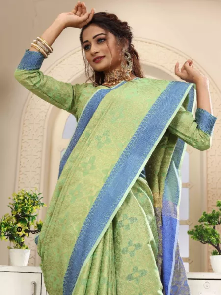 Pista Green Pure Span Cotton Kanjivaram Style Weaving Saree with Blouse