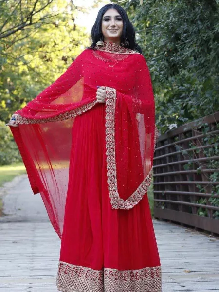 Designer Party Wear Gown in Red Georgette with Heavy Embroidery and Dupatta