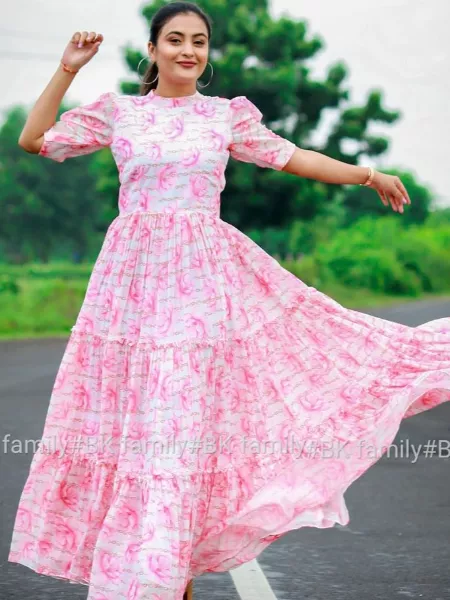 Pearl Pink Georgette Maxi Dress with 3 Layer Ruffle for Party Wear