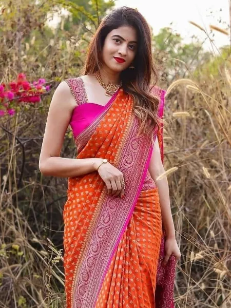 Orange Beautiful Soft And Silky lichi Banarasi With Zari Patterns Saree