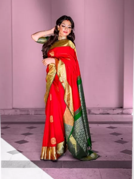 Hot Red Color Beautiful Heavy Weaving Golden Zari Work Saree with Blouse
