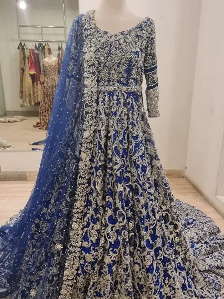 Blue Butterfly Net Heavy Embroidery Work Designer Gown