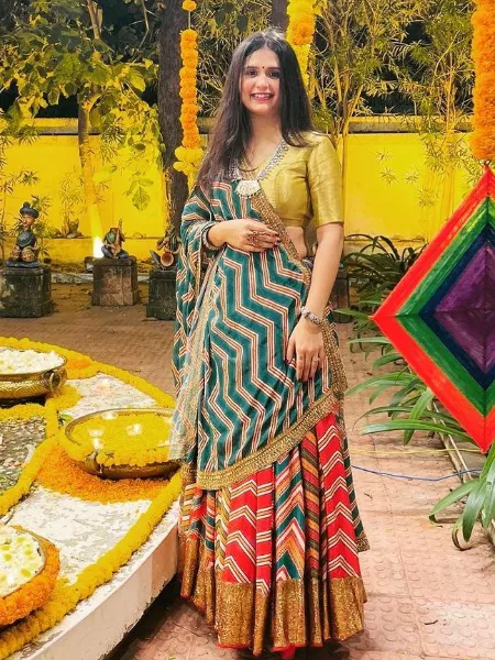 Multi-Color Lehenga Choli with Digital Print in Silk with Dupatta