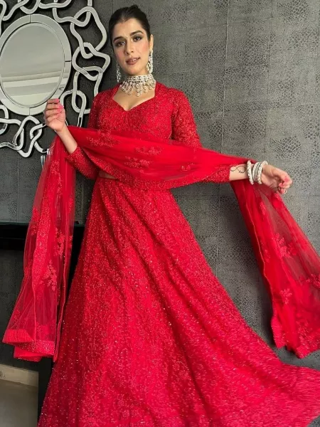 Red Marriage Special Heavy Embroidery Lehenga Choli in Net Fabric