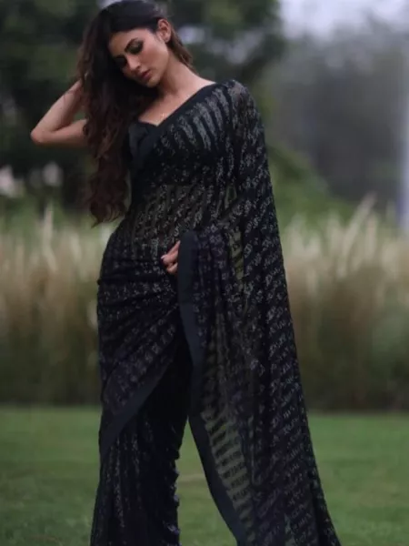 Mouni Roy Black Sequence Work Saree in Soft Net Fabric