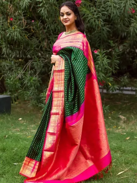 Soft Kanjivaram Green with Pink Border Desiner Indian Saree