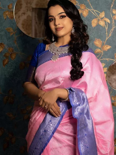 Light Pink saree with Royal Blue Border Soft Kanjivaram Design Saree
