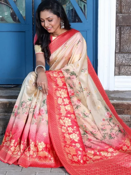 Cream with Red Color Heavy Texture Soft Silk Weaving Jacquard Saree