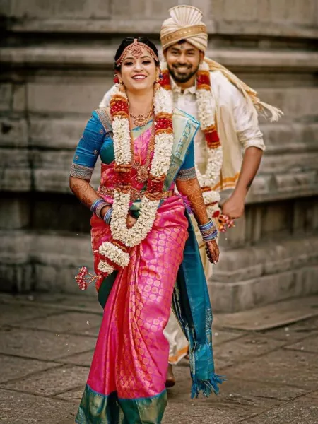Pink Wedding Designer Saree in Soft Lichi Silk with weaving Jacquard