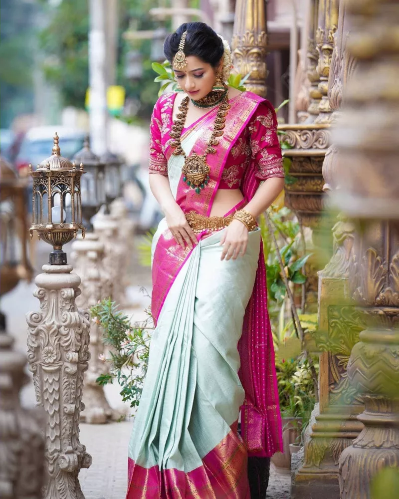 Cream Color Wedding Saree in Lichi Silk With Jacquard Weaving Zari Work in  USA, UK, Malaysia, South Africa, Dubai, Singapore