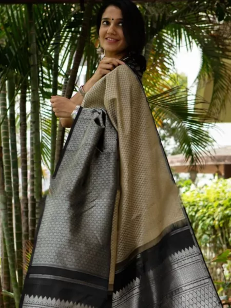 Grey with Black Lichi Silk Designer Saree With Rich Pallu and Blouse