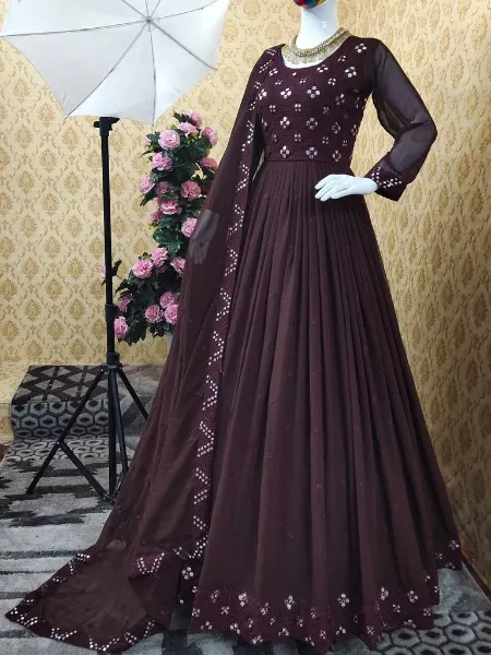 Party Wear Mirror Gown Latest 6 Colors With Embroidery Work