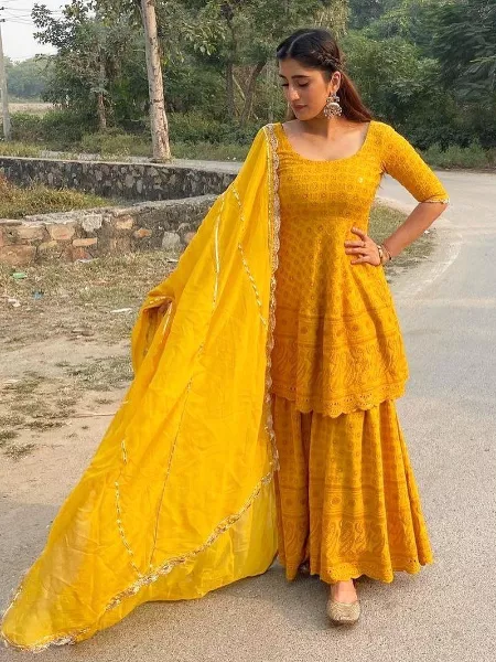 Mustard Yellow Fancy Cut Work Heavy Embroidery Sarara Suit