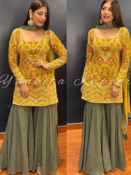 Heavy Sarara Suit with Real Mirror Work and Embroidery in Yellow with Green