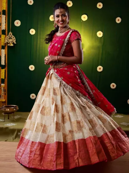 Awesome Cream and Pink Colored Wedding Wear Banarasi Lehenga Choli