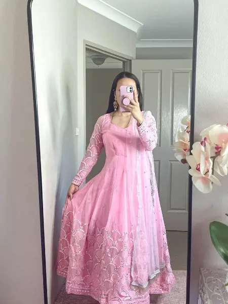 Pink Paper Mirror Embroidery Work Heavy Designer Ethnic Wear Gown 