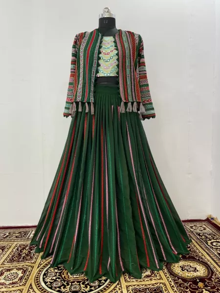 Green Georgette Lehenga Choli Heavy Threads Work with Designer Koti