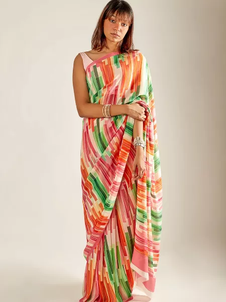 Multi Color Digital Printed Heavy Chiffon Designer Indian Saree with Blouse