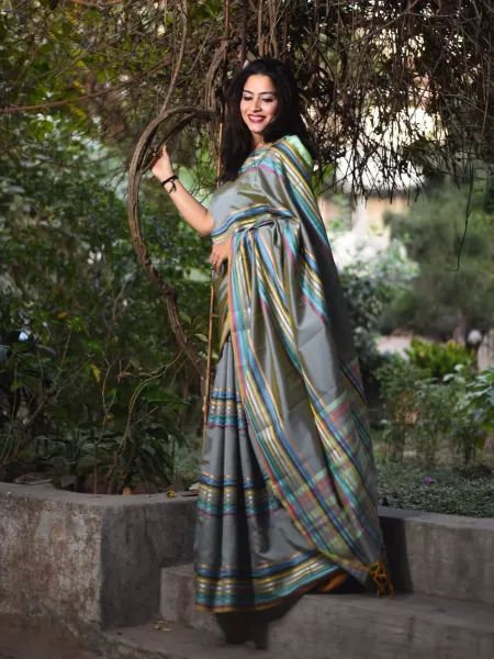Grey Pure Cotton Designer Indian Saree with Green Blouse