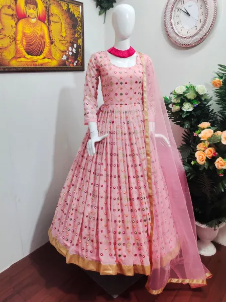 Light Pink Heavy Embroidery Gown with Paper Mirror Work and Dupatta