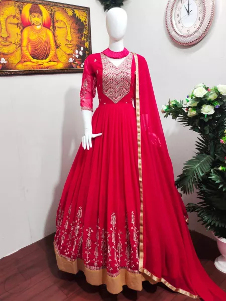 Pink Designer Neck Line Embroidery Work Gown With Dupatta
